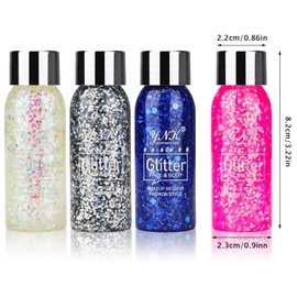 Fyihoxi 4 Bottle Body Glitter Gel, Festival Glitter Face, Chunky Sequins Glitter Gel, Carnival Make-Up Glitter for Face Nails Eyes Lips Hair Body Party Decoration Long Lasting