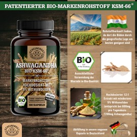 Ashwagandha KSM-66® Organic Important: 12:1 Extract (= 3600 mg Ashwagandha Root Powder per Capsule, 300 mg Extract Per Piece) with 5% Withanolide I 120 Ashwagandha Capsules -DE- SCHEUNENGUT®