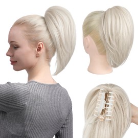 NTYNTY Ponytail Extension, 10" Short Claw Clip in Ponytail Hair Extensions Messy Bun Hair Piece Natural Soft Synthetic Straight Pony Tail Hair Pieces for Women - Platinum Blonde