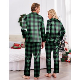 Ekouaer Couples Matching Pajamas Silk Long Sleeve Sleepwear Satin Soft Button Down Loungewear Pjs Set,Black and Green Plaid,L
