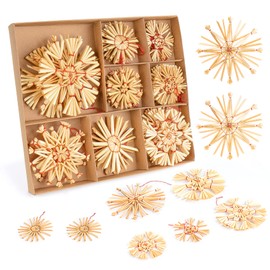 Anstore Straw Stars Christmas Tree Decorations Made of Straw, 32-Piece Straw Stars Set, Christmas Tree Decoration, Natural Straw Pendant for Christmas Tree, Christmas Decoration, Diameter 6, 8, 10 cm