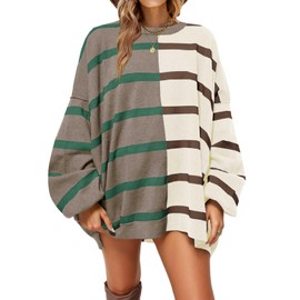 Fisoew Womens Striped Pullover Sweater Crew Neck Long Sleeve Knitted Color Block Casual Loose Lightweight Sweaters for Women Khaki