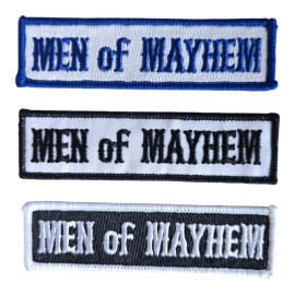 MEN OF MAYHEM MC MOTORCYCLE BIKER CLUB RANK OFFICER TITLE VEST IRON ON PATCH - Black Base w/ White Border + White Text