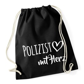 HUURAA Gym Bag Police Officer with Heart Backpack Cotton 12 Litres with Motif for the Greatest People Gift Idea for Friends and Family, black