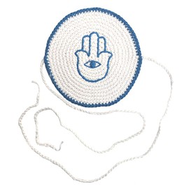 Baby Kippah with Ties - Blue Hamsa - Jewish Infant Yamaka with Straps - Yarmulke - Brit Milah - Bris