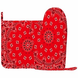 Mxocom Western Paisley Silicone Oven Mitts and Pot Holders Sets Bandana Seamless Pattern with Red and White Ornaments BBQ Gloves for Kitchen,Cooking,Baking,Grilling