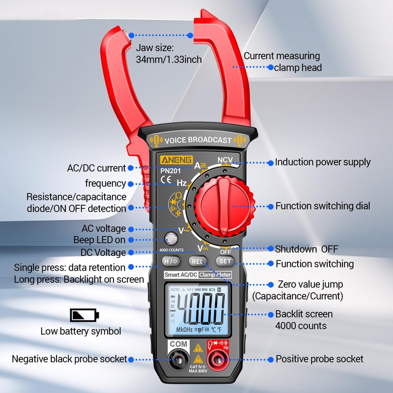 PN201 Voice Meters Digital Clamp Meter Multimeter Tester 4000 Counts