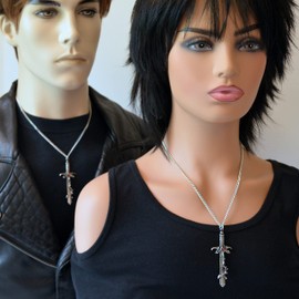 Real Metal Gothic Rose on Thorns Surrounding Sword Medieval Renaissance Pendant Necklace