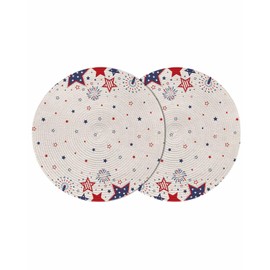 Patriotic Round Braided Placemats Set of 2 4th of July Red Blue Stars Firework American Flag Retro Round Placemats for Dining Tables Kitchen Decoration 15 inch Star Round Table Mats