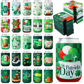 Hushee 50 Pcs St. Patrick's Day Can Coolers Sleeves Irish Can Coolers Insulated Beverages Cover Lucky Green Shamrock St Paddys Decoration for Beverage Soda Irish Party, 25 Styles