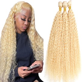 Honey Blonde Kinky Curly Bundles Human Hair Color 613 Bundles Human Hair 613 Blonde Curly Wave Bundles Double Weft Brazilian Human Hair Extersions Bundles (12 14 16 Inch 3 Bundles)