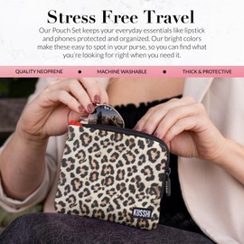 KUSSHI 2pc Neoprene On-The-Go Pouch Set - Passport Holder and Travel Zipper Makeup Pouch for Purse - Small Purse Pouch for Organization, Electronics, Glasses & Valuables (Leopard)