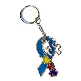 Charmed By Dragons Autism Awareness Keychain Puzzle Piece Ribbon In Gift Box, Blue Red Yellow, 2-1/2 x 2-1/2 inch Heart