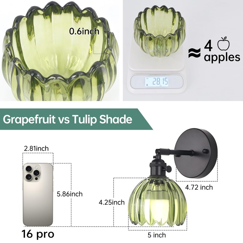 Shenmoyl Vintage Battery Operated Wall Sconce with Green Tulip Glass