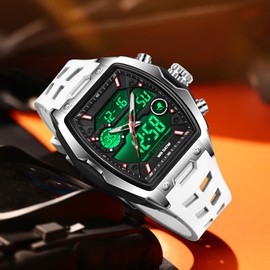 findtime Men's Watch Rectangular Wrist Watches for Men Luminous Countdown Alarm Waterproof Sport Analog Digital Large Dial White Silicon Strap