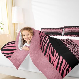 Pink Leopard Print Kids Comforter Set Twin Size,Zebra Skin Texture Bedding Set,Girls Boys Adults Room Decor,Abstract Animals Skin Stripes Down Comforter,Fashion Romantic Duvet Insert,1 Pillowcase
