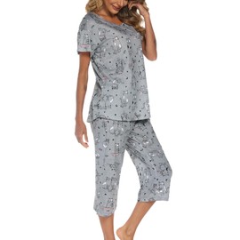ENJOYNIGHT Womens Pajama Sets Cotton Pj Set Short Sleeve Top With Capri Pants Sleepwear 2 Piece Lounge Set (Small,Grey Cat)