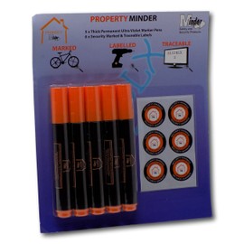 Minder Property Marking Pens - Including 5 x Invisible UV Ink Covert Marker Pens and Warning Stickers (4mm Thick)