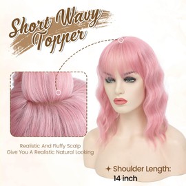 Flyroseing Hair Toppers for Thinning Hair, 6.5x6.5" Large Base Hair Topper with Fringe Clip in for Hair Loss Short 14 Inch Pink Wavy Synthetic Wiglets Hair Pieces for Women Like Real Hair