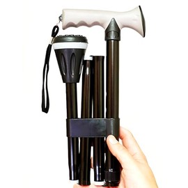 Faltbarer Gehstock aus Aluminium, schwarz, ergonomischer Soft-Touch-Griff und rutschfeste XL-Gummikappe für jedes Gelände – leicht, verstellbar 84-95 cm und tragbar für Tasche oder Koffer (657S)