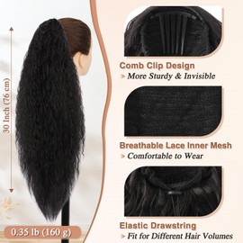 BARSDAR Curly Wavy Drawstring Ponytail Extension, 30 Inch Synthetic Comb Clip in Ponytails Hairpiece for Women Voluminous Natural Looking Ponytail Hair Extensions Fake Ponytails - Black Brown