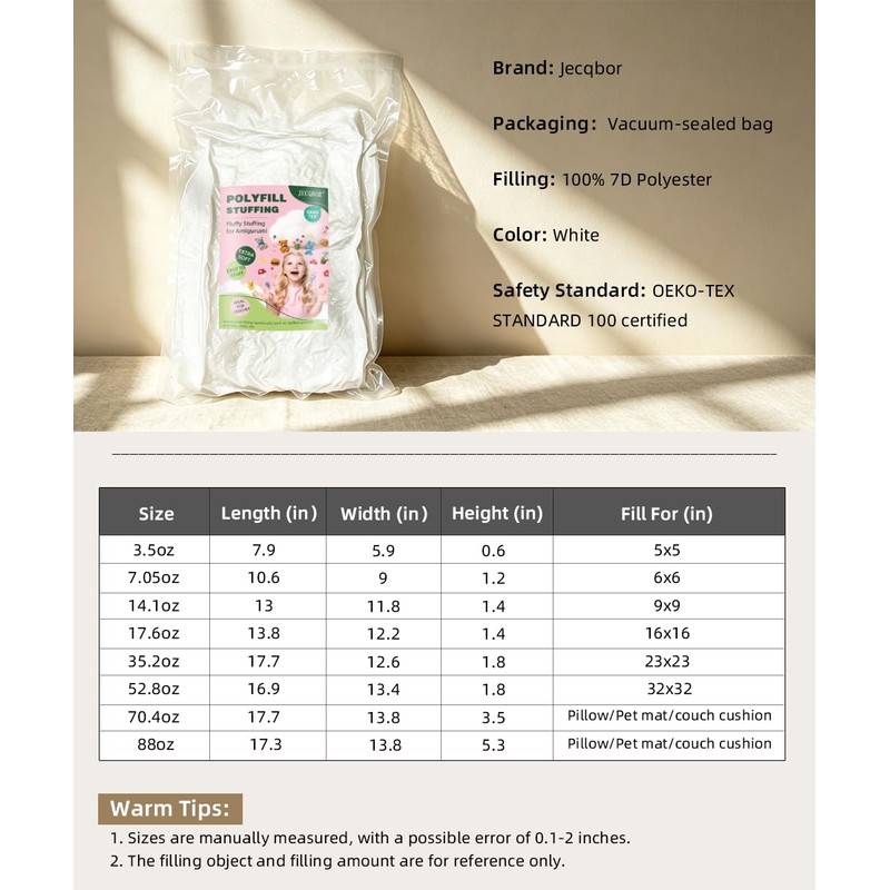 Jecqbor Polyfill Stuffing for Stuffed Animals, 7.05oz/200g Soft Fiber Fill