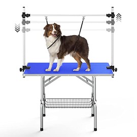 Lyromix Dog Grooming Table For Large Dog, 46'' Adjustable Pet Grooming Table, Foldable Dog Grooming Station With Arms, Noose, Mesh Tray, Maximum Capacity Up to 300Lb, Blue