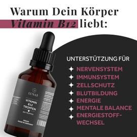 Lunae Vitamin B12 Drops - With 500 µg Methyl & Adenosylcobalamin Per Drop (4:1) - Supports Cell Division & Helps Against Fatigue - Laboratory Tested & Made in Germany - 800 Drops/50 ml