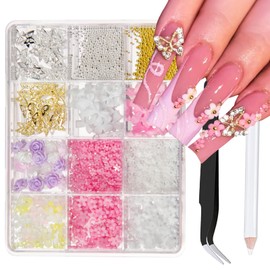 3D Bows Nail Charms Pink White Flowers Nail Charms Mixed Color Charms for Nails Design Butterfly Alloy Silver Nail Art Gems Charms for Women Girls Nails Art Supplies DIY Accessories
