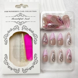 Pink French Tip Press on Nails Long Almond Fake Nails Full Cover False Nails with Charms Rhinestone Bow Glue on Nails Full Cover Shiny Stick on Nails Cute Nude Artificial Nails for Women 24Pcs