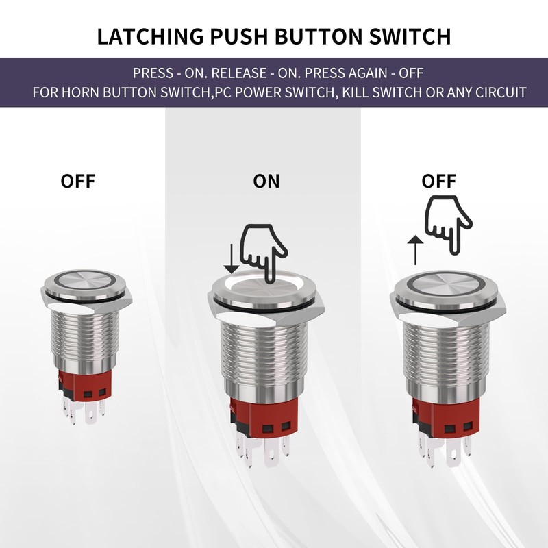 KERWINN 16MM Latching Push Button Switch with Light Reset Self-Locking
