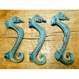 Vintage 3 Cast Iron Nautical Seahorse Style Drawer Pull, Barn Handle, Door Handles Beach