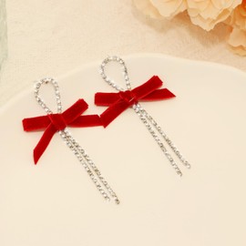 Atifober Long Bow Rhinestone Earrings Red Bow Dangle Earrings Cute Sparkly Ribbon Earrings Trendy Prom Fringe Earrings Fashion Wedding Christmas Earrings Bow Jewelry For Women Birthday Party Festivals