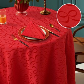 Red Round Tablecloth 70" (Seat 4-6), Reusable Table Cloth for 5ft Circle Table, Polyester-Cotton, Washable, 1PC Christmas Holiday Tablecloth with Bow Jacquard, Burgundy Table Cover for Party & Wedding
