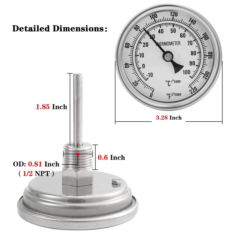 3" Dial 2" Probe FERRODAY 1/2 NPT Stainless Steel Dial