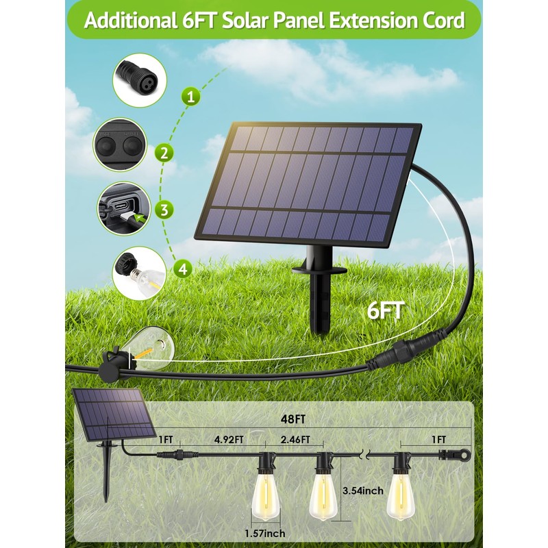 Larkvue 48FT Solar Outdoor String Lights with Remote & Timer,
