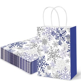 JarThenaAMCS 30 Pcs Christmas Paper Gift Bag Dark Blue Snowflake Treat Bags with Handles Candy Goodie Bags for Xmas Winter Party Favors Supplies