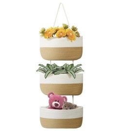 Kalakriti Over The Door Hanging Basket, 3-Tier Woven Cotton Wall-Mounted Storage Organizer Bag Decorative Kitchen Baskets, Small Planter (Beige-White)
