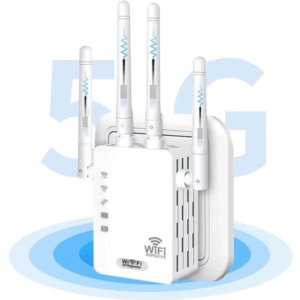 GUVGMY WiFi Repeater, WiFi Extender 1200Mbps Dual Band 5GHz/2.4GHz, Powerful WiFi Repeater with 4 x 3dBi Antennas / 1 Ethernet Port, WiFi Amplifier Supports AP Repeater Router
