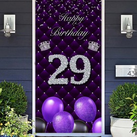 Happy 29th Birthday Purple Banner Backdrop Photo Booth Props Balloons Silver Crown Theme Decor for Woman Twenty Nine Year Anniversary 29 years Old Birthday Party Favors Supplies Decorations