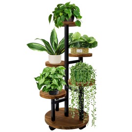 GEEBOBO 5 Tier Plant Stand With 4 Wheels, Metal Wood Tall Plant Stands For Indoor Plants Multiple, Corner Tiered Flower Plants Shelf Stand for Living Room Bedroom, Brown