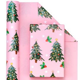 WRAPAHOLIC Reversible Christmas Wrapping Paper - Mini Roll - 17 Inch x 33 Feet - Pink Christmas Tree and Solid Pink Design for Chrsitmas, Holiday, Party Celebration
