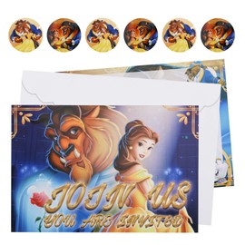 16-piece set of Beauty birthday invitation envelopes and stickers, blue-themed party invitation cards, for and the Beast birthday party supplies, party decoration gift package