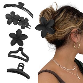 5PCS Hair Clips for Women Flower Hair Clips Non-slip Claw Clips Matte Hair Claw Clip for Thick Thin Hair Fashion Hair Clip Set Multi-style Hair Accessories for Girls (Black)