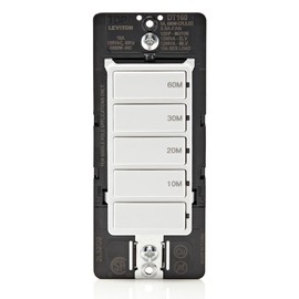 Leviton Countdown Timer Switch for bathroom fan and household lights, 10-20-30-60 min, No Neutral Required, Single Pole, 15A, 1/2HP/9.8A Fan/Motor, DT160-1LW, White