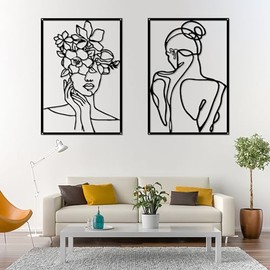 2 x Minimalist Metal Wall Art, Wall Decoration, Metal Wall Picture, Silhouette Wall Decoration, Human Face Wire Art Decoration, Abstract Human Face Home Decoration, Bedroom Decoration (with Frame)