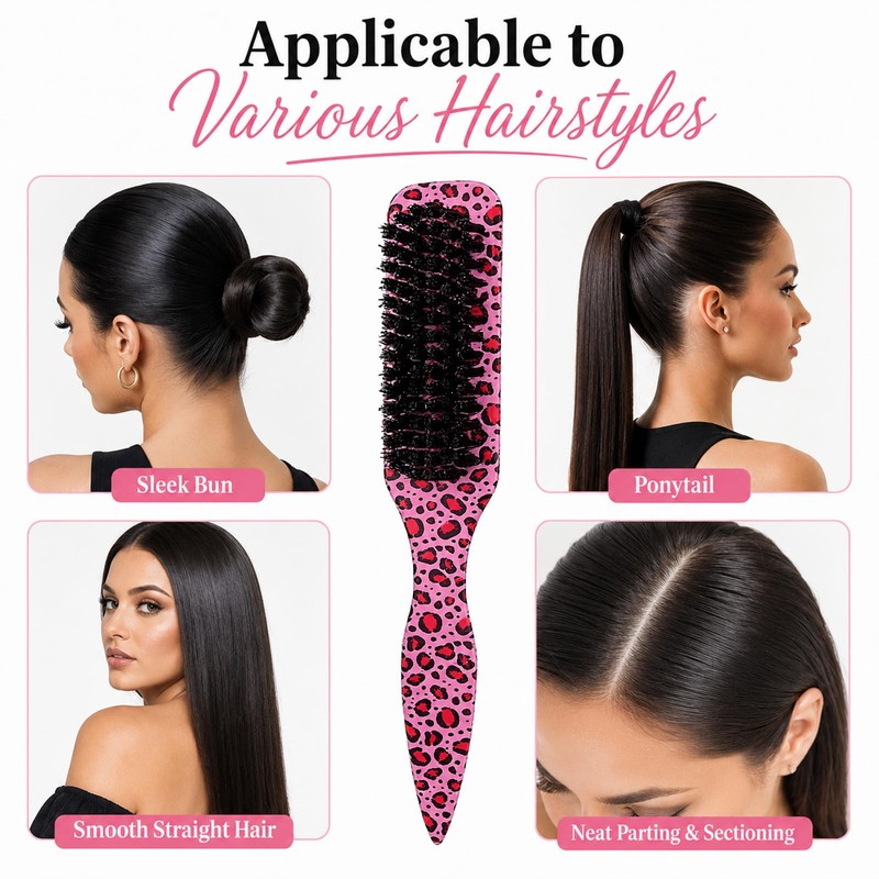 Leopard Print Hair Brush, Pink Soft Bristle, Slick Back Styling