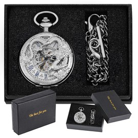 Tiong Vintage Unique Hollow Mechanical Steampunk Pocket Watch with Chain Skeleton Roman Numerals Pocket Watches for Men Gifts & Box, silver, Retro