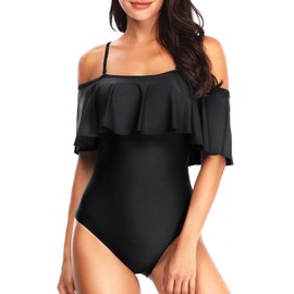 Women One Piece Vintage Printed Off Shoulder Flounce Ruffled Swimwear Swimsuits