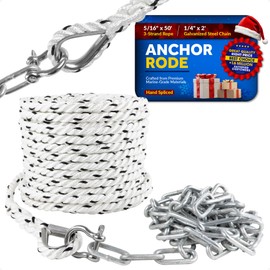 Five Oceans Anchor Rode and Chain - Hand-Spliced Anchor Rope and Chain Kit, 5/16" x50' Nylon 3-Strand Anchor Rope with 1/4" x 2' Hot-Dipped Galvanized Steel Anchor Chain, Shackle and Thimble - FO4565